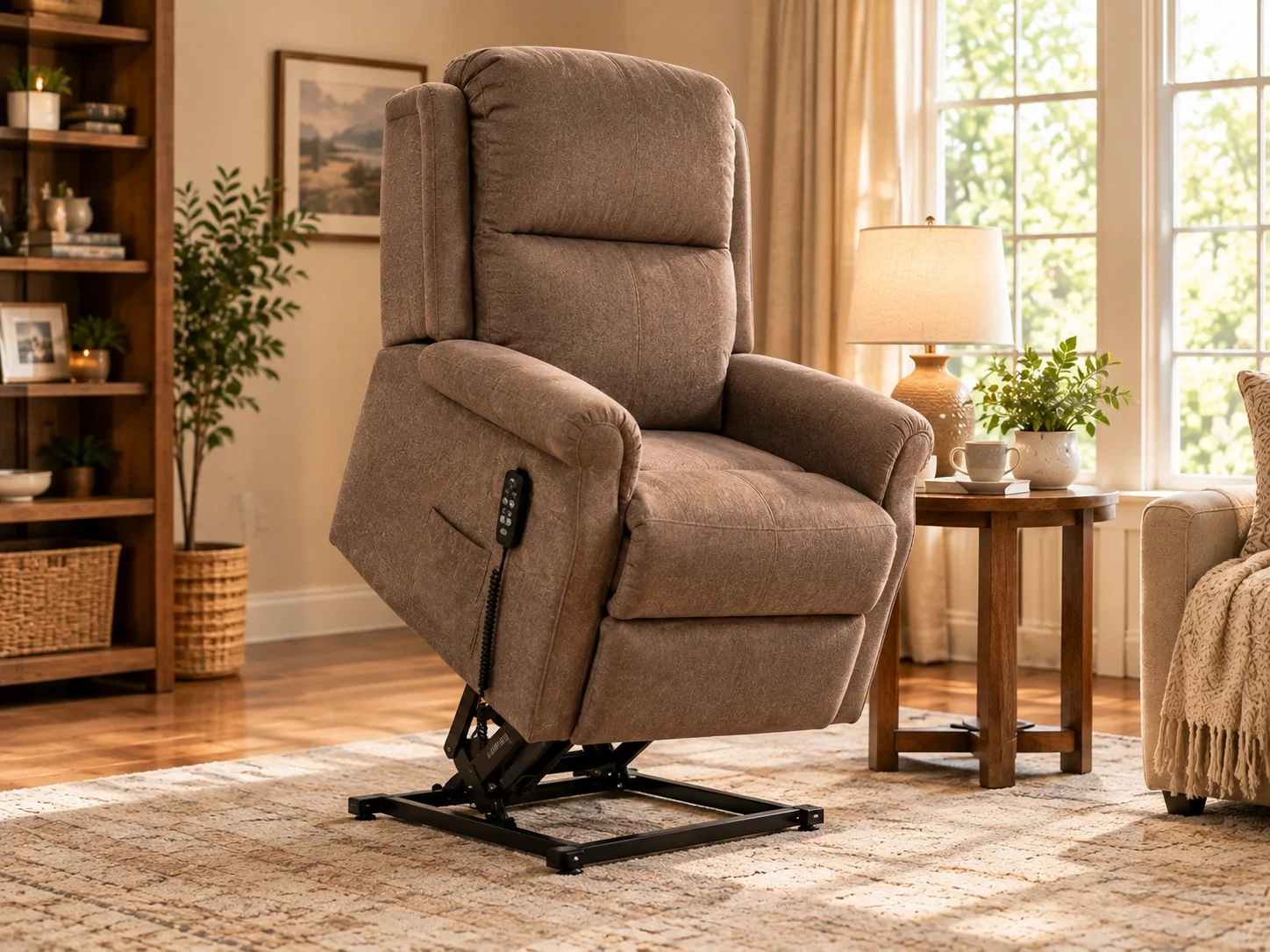 Lift chair helping person stand up with powered lift mechanism